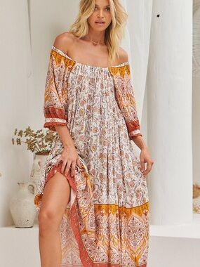Jaase Quincy Print Blossom Boho Floral Midi Dress in Rust & Mustard | Size M